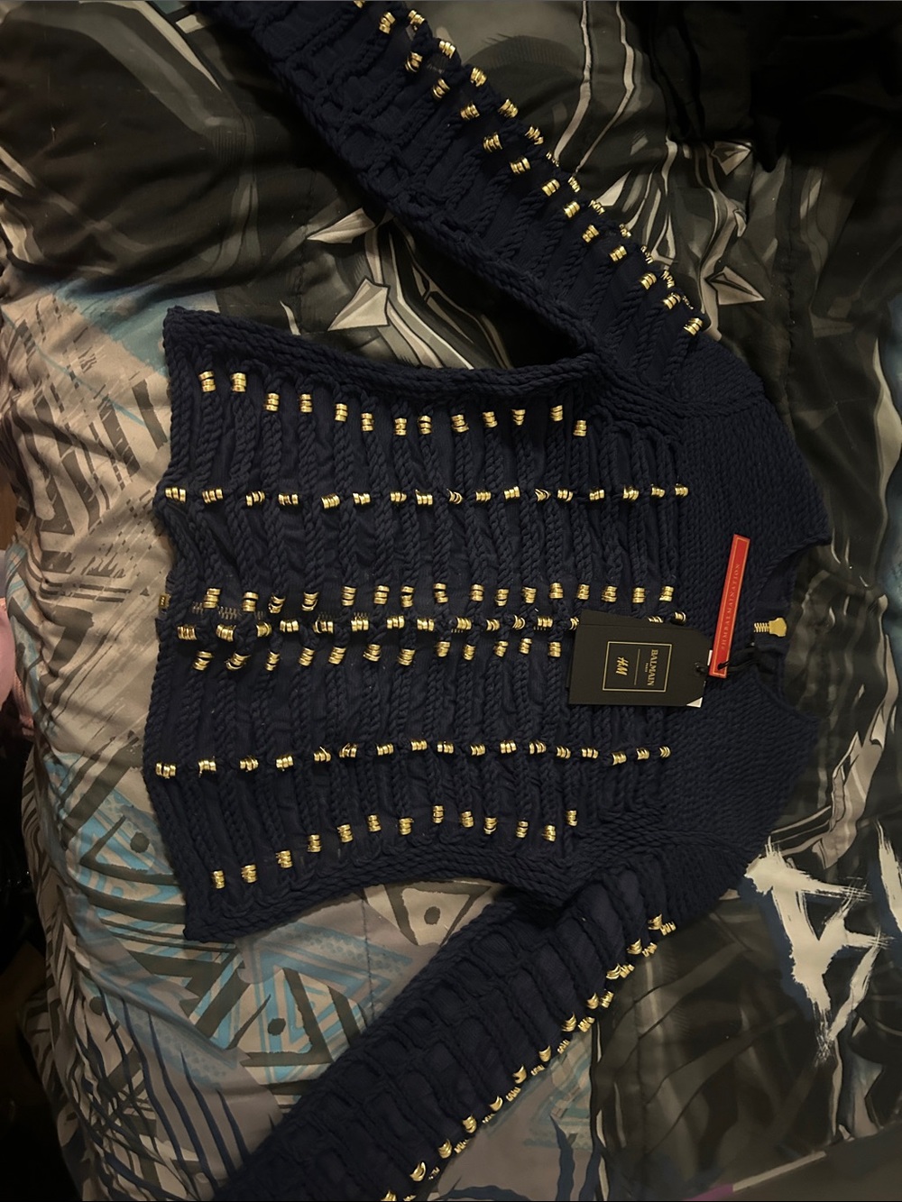 Balmain Navy Blue Cable Knit Sweater with Gold Stud Detailing